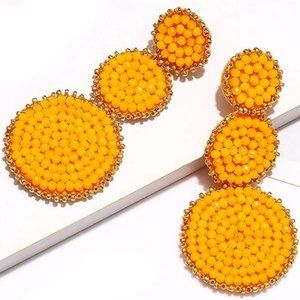 Marigold Yellow Beaded Triple Tier Earrings Big Bohemian Festival Statement New